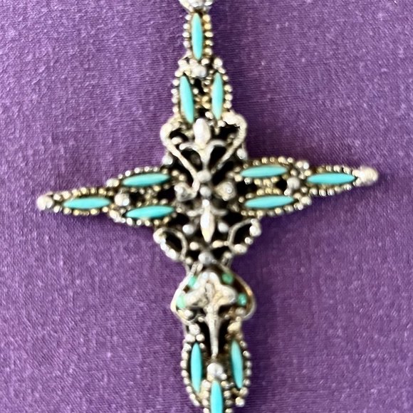 Oxidized Silver-Tone Tourquise-Look Embellishments Cross Necklace - Picture 2 of 5
